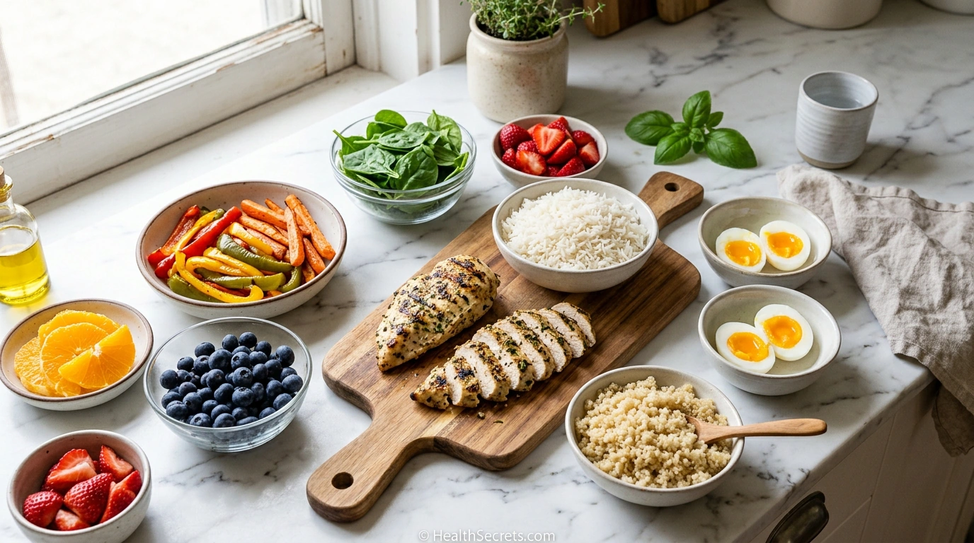 Colorful array of low FODMAP diet-friendly foods including proteins, grains, vegetables, and fruits arranged on a white countertop