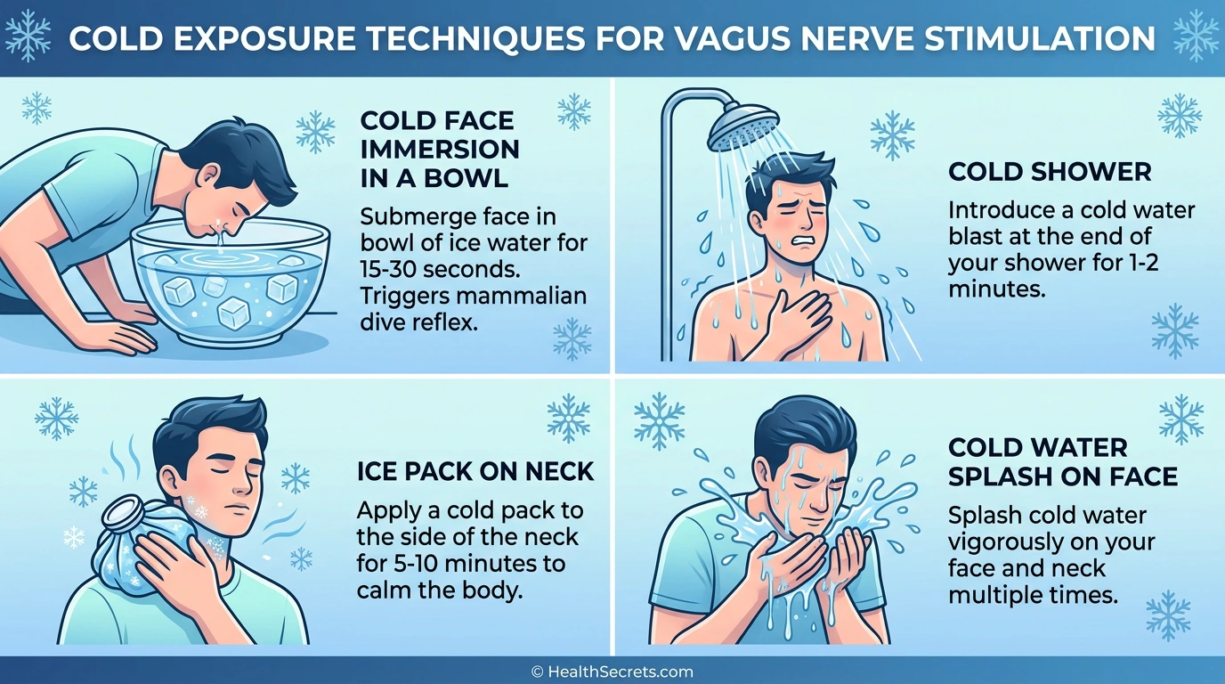 Four cold exposure techniques for vagus nerve stimulation including face immersion, cold showers, ice packs, and cold water splashing