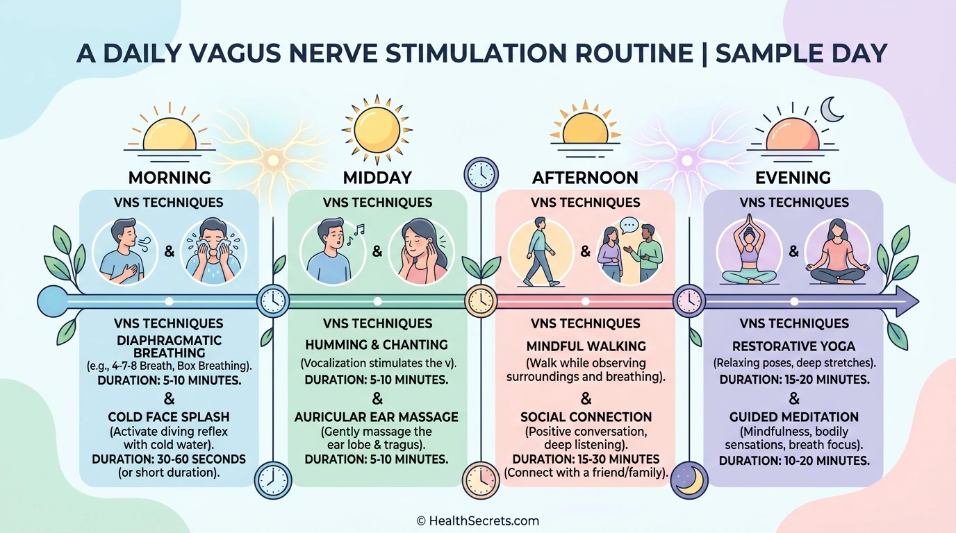 Daily vagus nerve stimulation routine timeline showing morning, midday, afternoon, and evening practices
