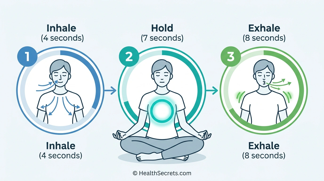 Infographic showing the 4-7-8 breathing technique steps for vagus nerve stimulation