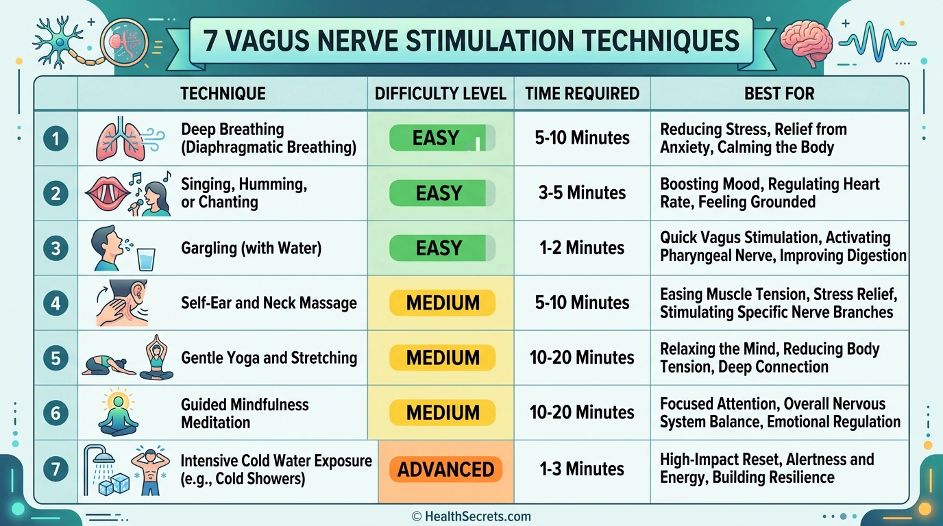 Comparison chart of seven natural vagus nerve stimulation techniques showing difficulty, time, and best uses