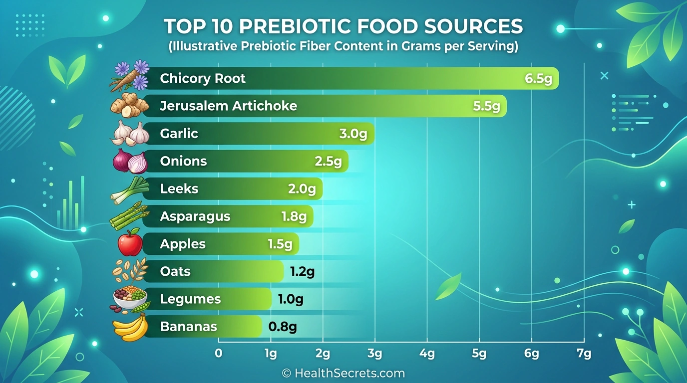 Chart showing top 10 prebiotic food sources ranked by fiber content per serving