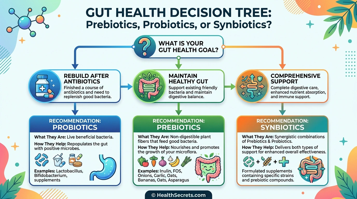 Decision tree flowchart helping readers choose between prebiotics, probiotics, or synbiotics based on their health goals
