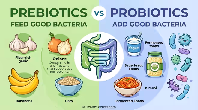 Comparison infographic showing prebiotics as fiber foods that feed bacteria versus probiotics as fermented foods that add bacteria