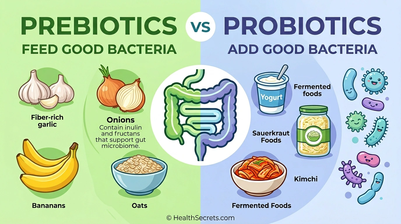 Comparison infographic showing prebiotics as fiber foods that feed bacteria versus probiotics as fermented foods that add bacteria