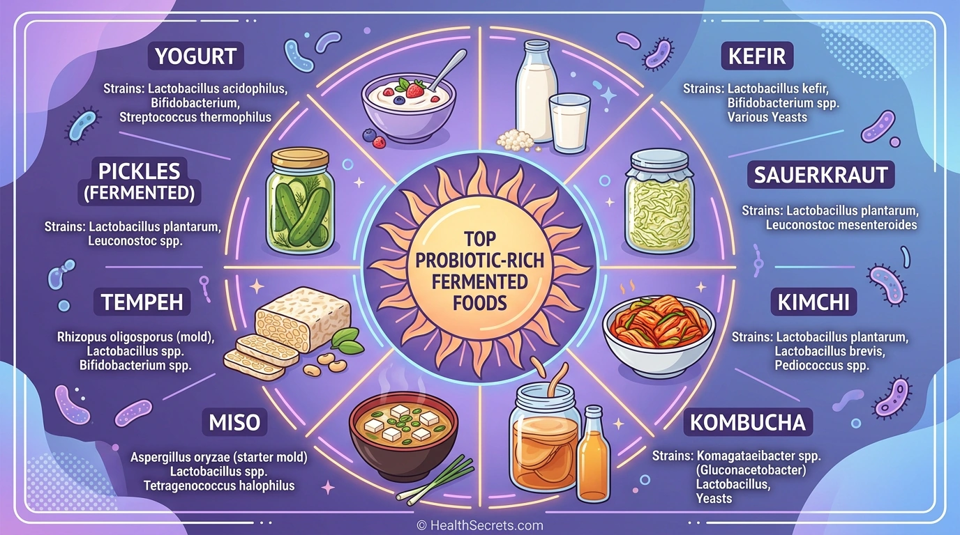 Visual guide to probiotic-rich fermented foods including yogurt, kefir, sauerkraut, kimchi, and kombucha