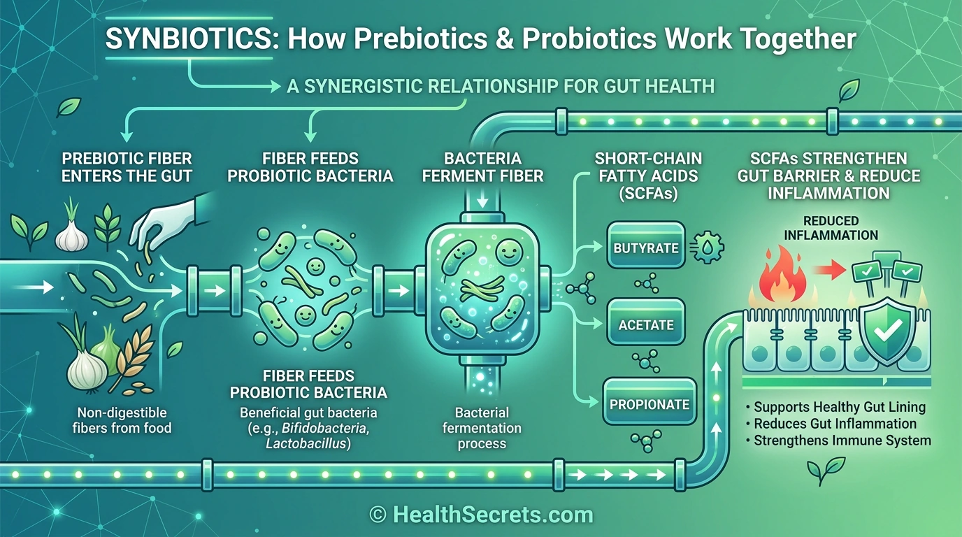 Diagram showing how prebiotics feed probiotics to produce short-chain fatty acids that strengthen gut health