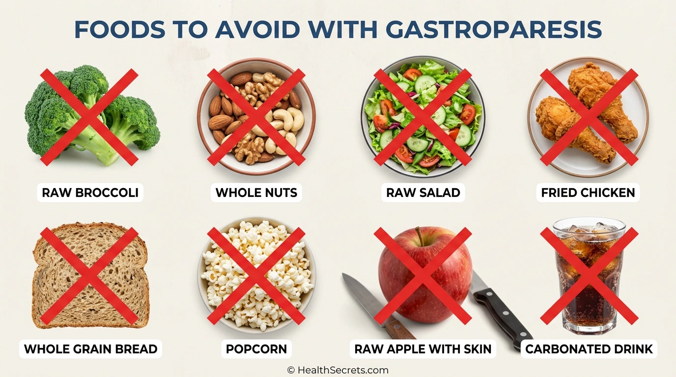 Foods to avoid with gastroparesis including raw vegetables, fried foods, whole grains, nuts, and carbonated beverages