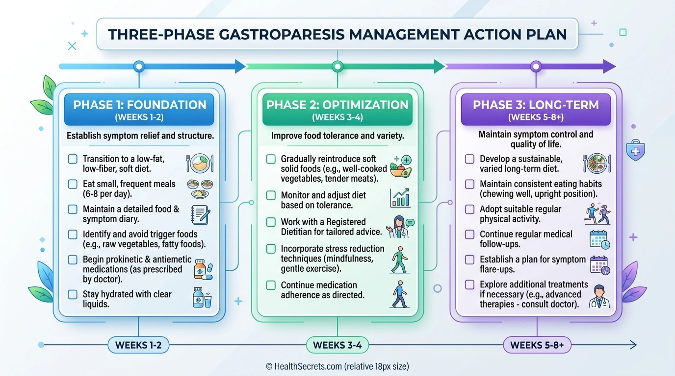 Three-phase gastroparesis natural management action plan with checkboxes for diet, supplements, and lifestyle changes