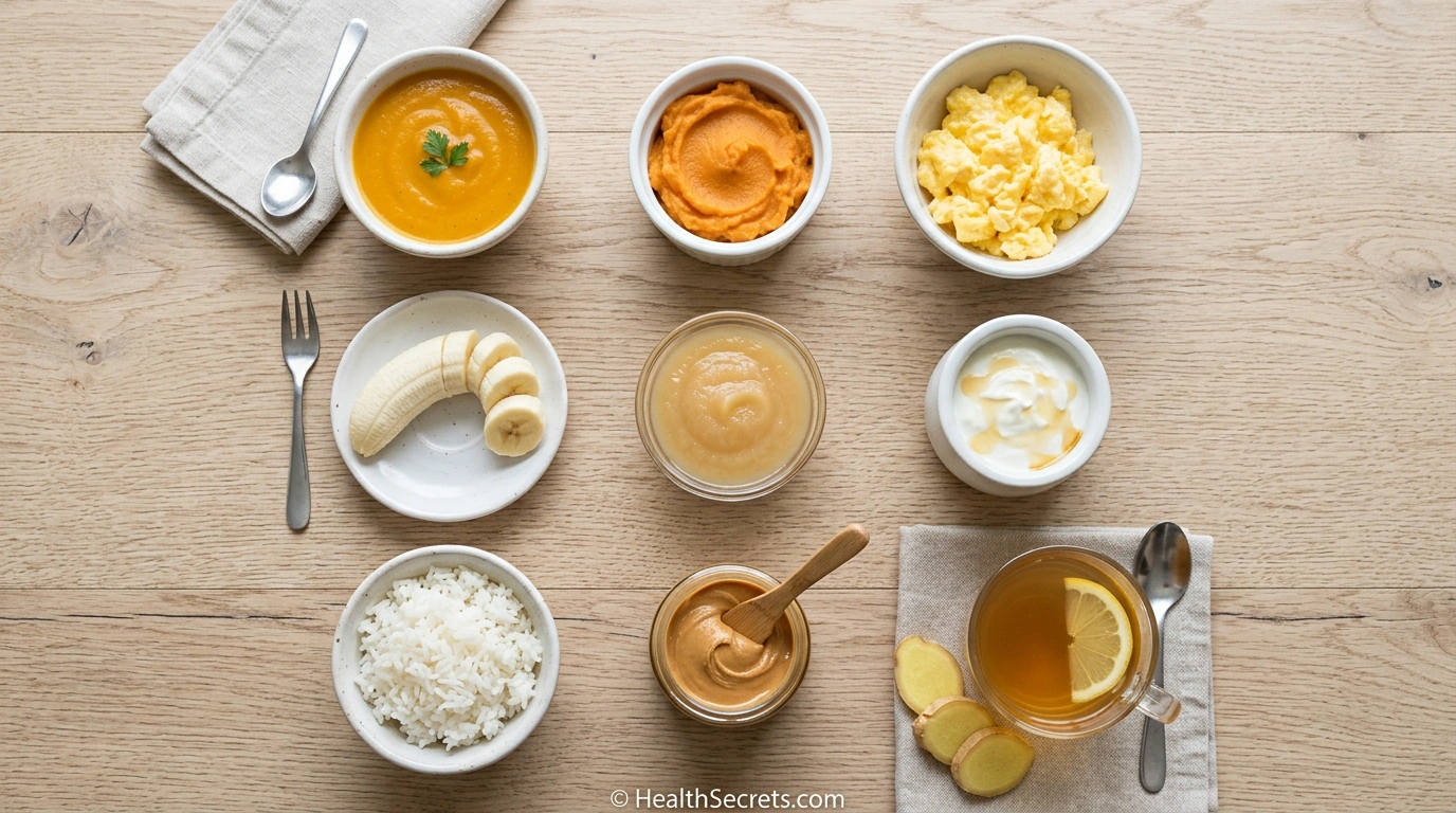Flat lay of gastroparesis-friendly foods including pureed soup, mashed potatoes, eggs, rice, banana, and ginger tea