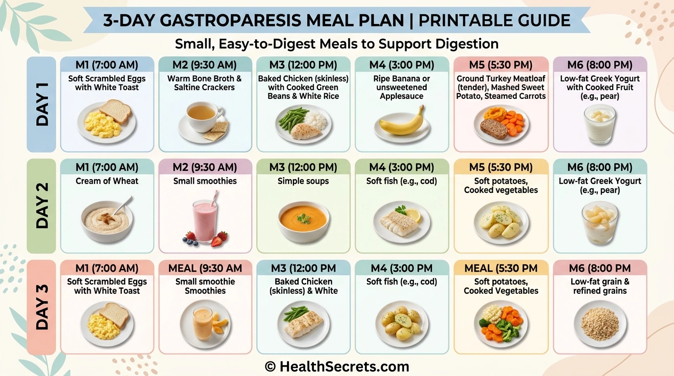 Three-day gastroparesis meal plan showing six small daily meals of easy-to-digest foods