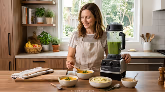 Person preparing gastroparesis-friendly pureed meals in a modern kitchen with blender and small portioned bowls