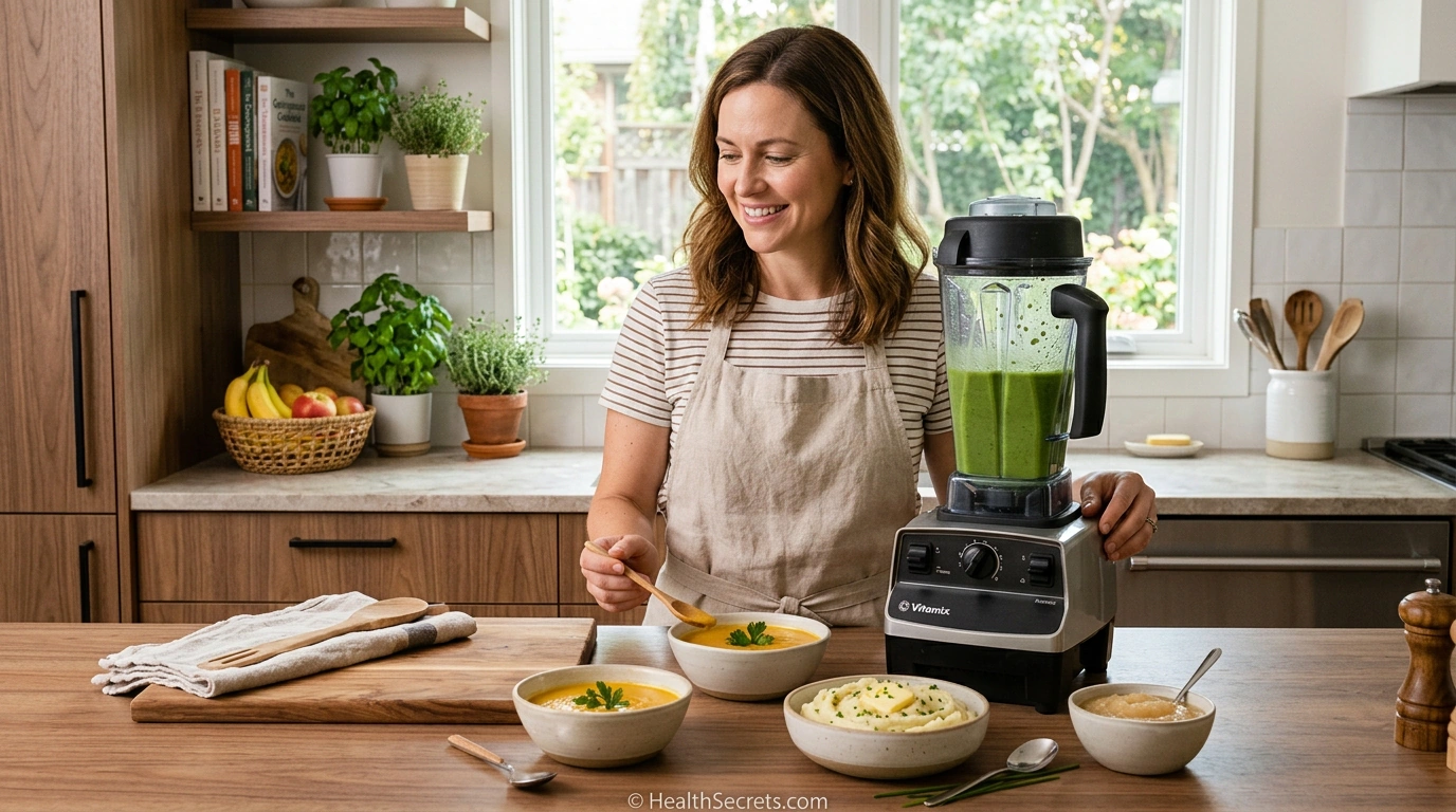Person preparing gastroparesis-friendly pureed meals in a modern kitchen with blender and small portioned bowls