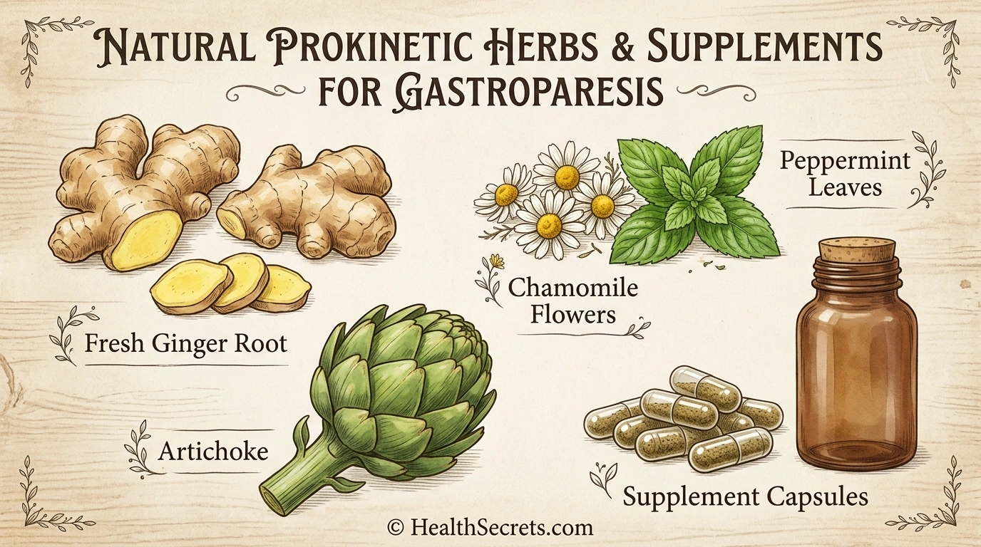 Natural prokinetic herbs for gastroparesis including ginger root, artichoke, chamomile, and peppermint