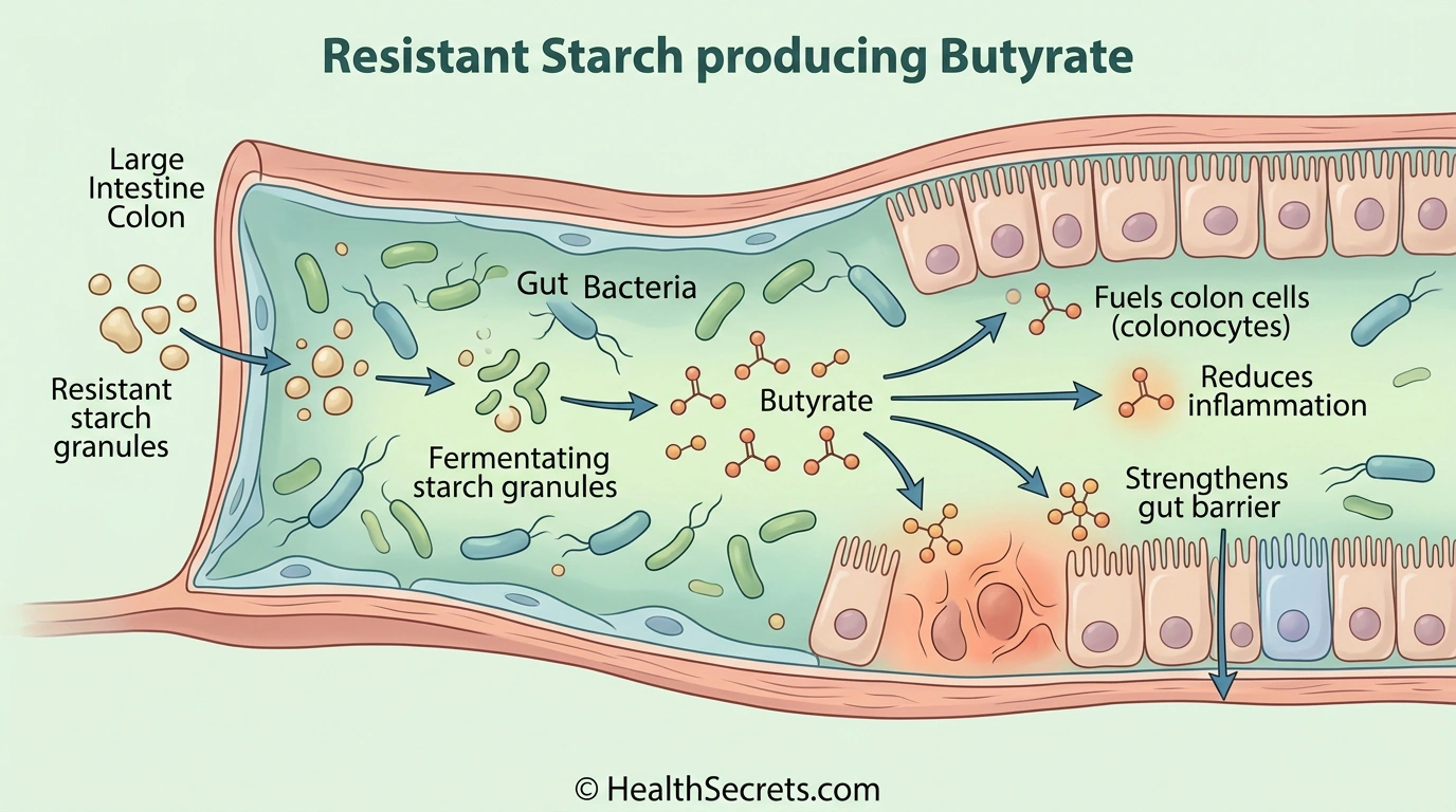 How resistant starch is fermented by gut bacteria to produce butyrate for colon health
