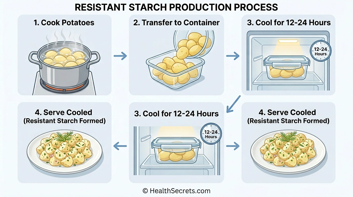 Step by step guide to the cook and cool method for creating RS3 resistant starch from potatoes