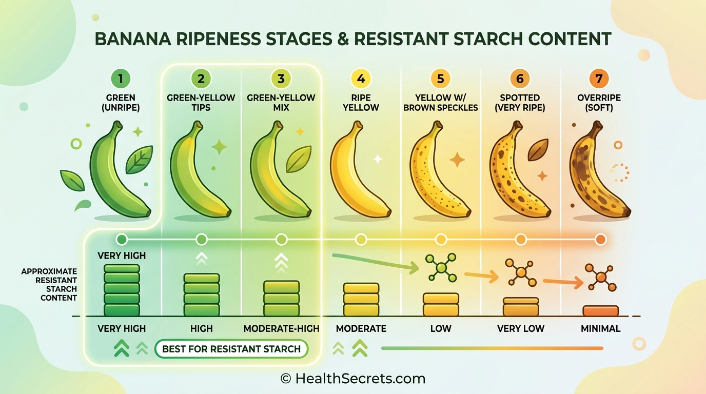 Banana ripeness chart showing resistant starch content decreases as bananas ripen from green to yellow