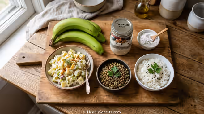 Best resistant starch food sources including green bananas, cooled potatoes, overnight oats, potato starch, lentils, and cooled rice