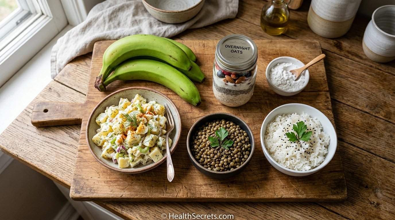 Best resistant starch food sources including green bananas, cooled potatoes, overnight oats, potato starch, lentils, and cooled rice