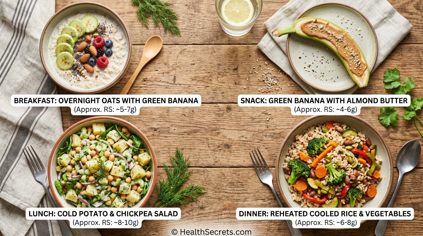 Sample high resistant starch meal plan showing breakfast lunch snack and dinner with RS content