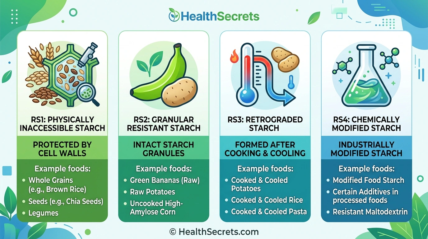 Infographic showing the four types of resistant starch RS1 RS2 RS3 RS4 with food examples for each type