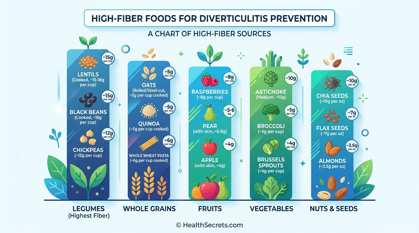 Fiber content comparison chart showing grams of fiber per serving in legumes whole grains fruits vegetables nuts and seeds