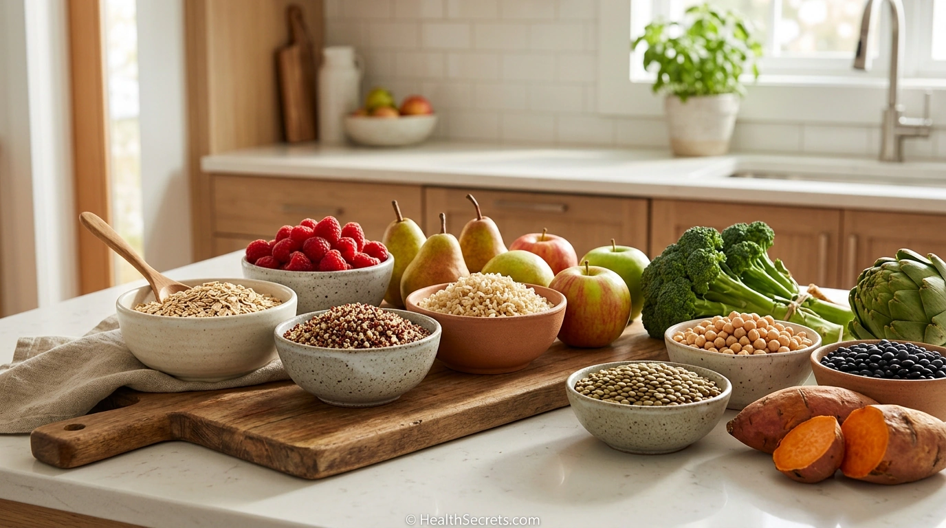 High-fiber foods for diverticulitis prevention including whole grains fruits vegetables and legumes arranged on kitchen counter