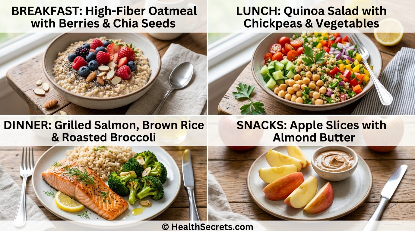 High-fiber meal plan for diverticulitis prevention showing breakfast lunch dinner and snacks with whole grains fruits vegetables and lean protein