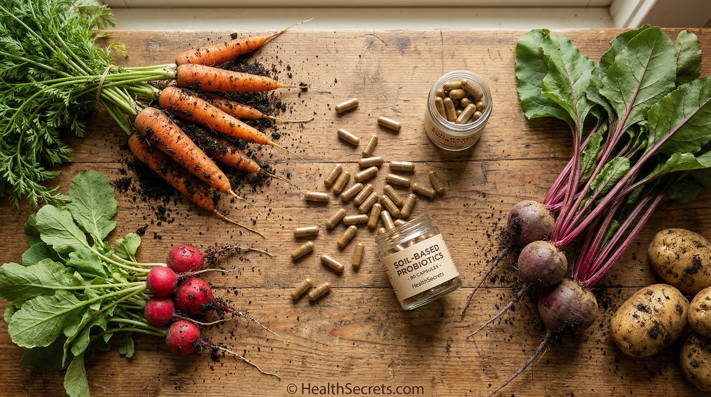 Soil-based probiotic supplement capsules alongside fresh organic garden vegetables representing SBO probiotics and ancestral gut health