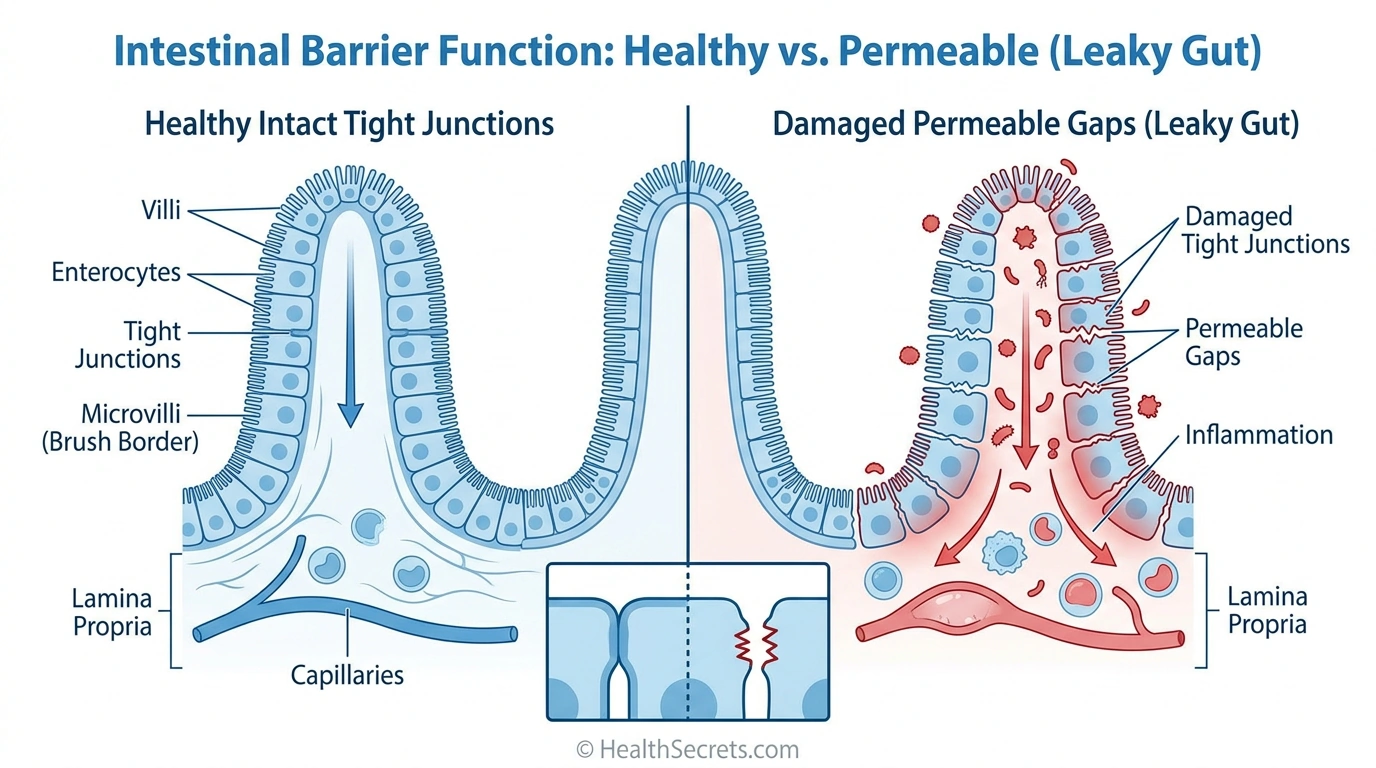 Diagram comparing healthy intestinal tight junctions with damaged leaky gut barrier showing how L-glutamine supports repair
