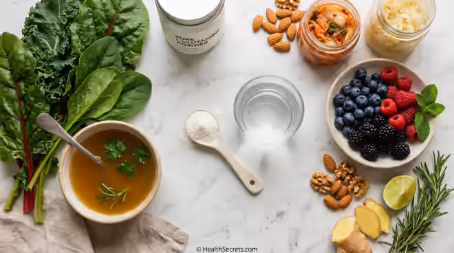 L-glutamine powder supplement with gut-healthy foods including bone broth and leafy greens