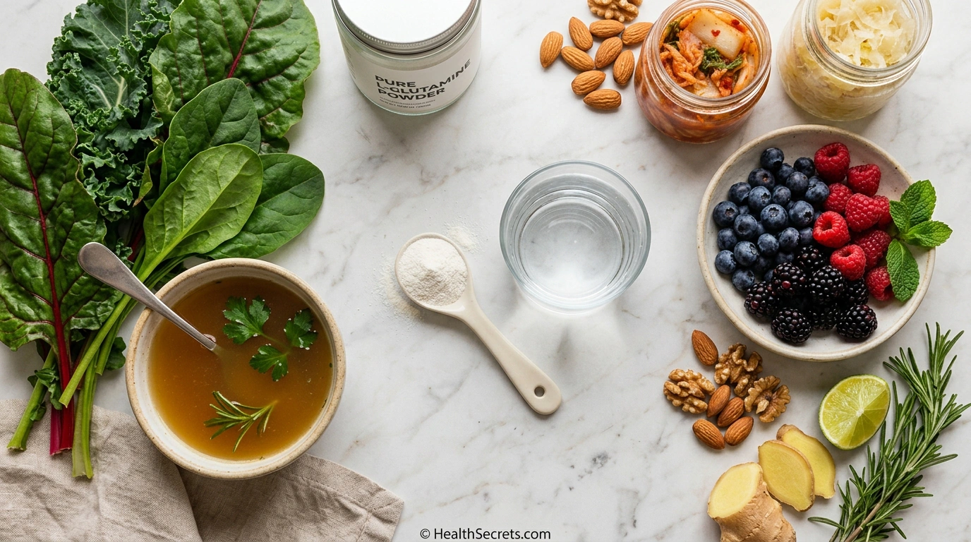 L-glutamine powder supplement with gut-healthy foods including bone broth and leafy greens