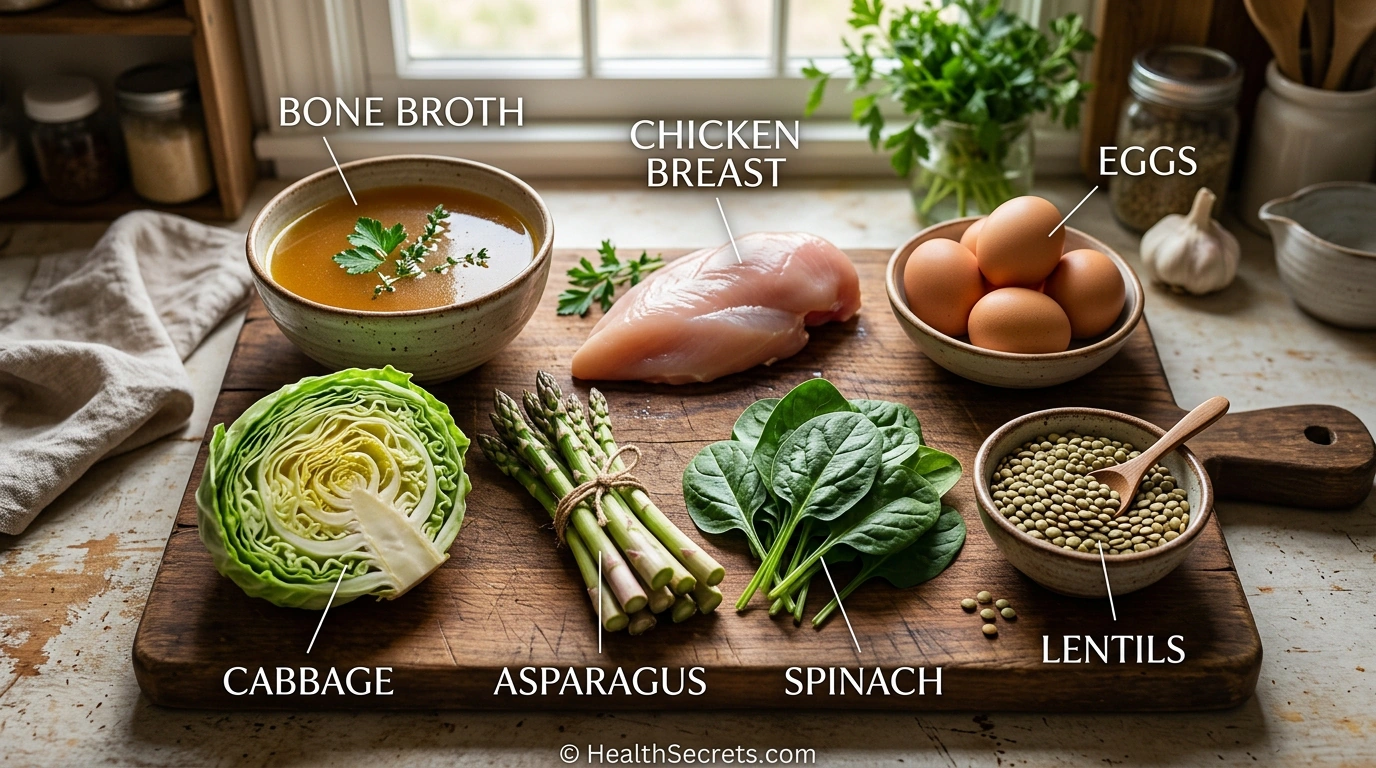 Top natural food sources of L-glutamine including bone broth, chicken, eggs, and vegetables