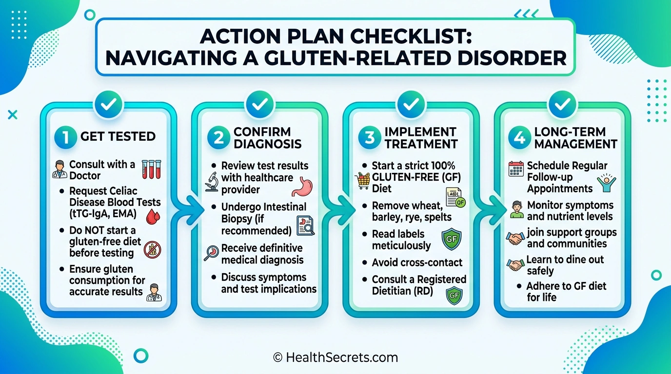 Four-phase action plan checklist for diagnosing and managing celiac disease or gluten sensitivity from testing through long-term management