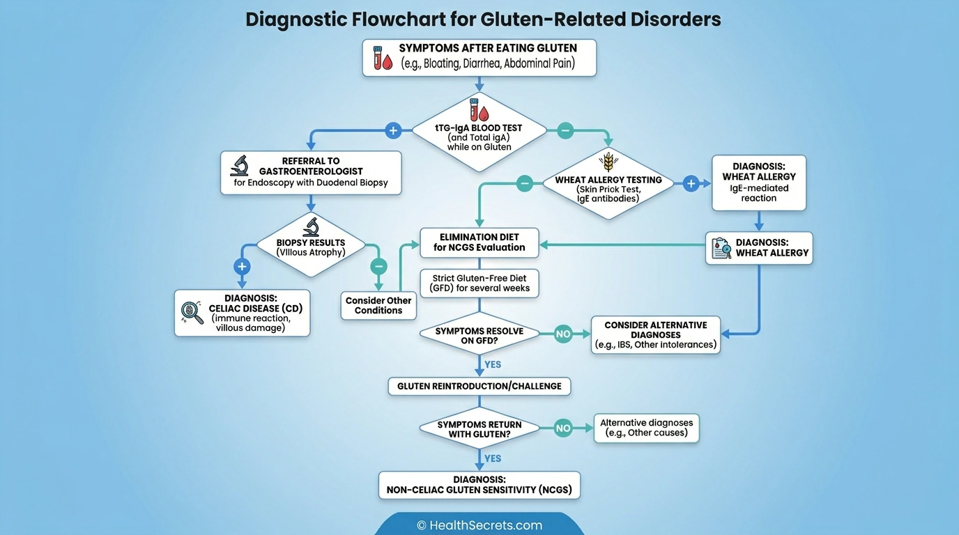 Diagnostic flowchart showing the step-by-step testing process for celiac disease wheat allergy and non-celiac gluten sensitivity