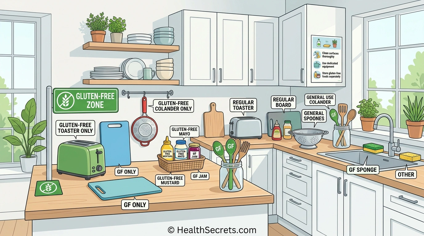 Kitchen illustration showing cross-contamination prevention strategies including separate toasters cutting boards and dedicated gluten-free storage areas