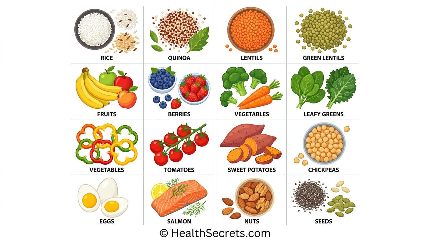 Grid of naturally gluten-free foods including grains vegetables fruits proteins and nuts for celiac disease and gluten sensitivity management