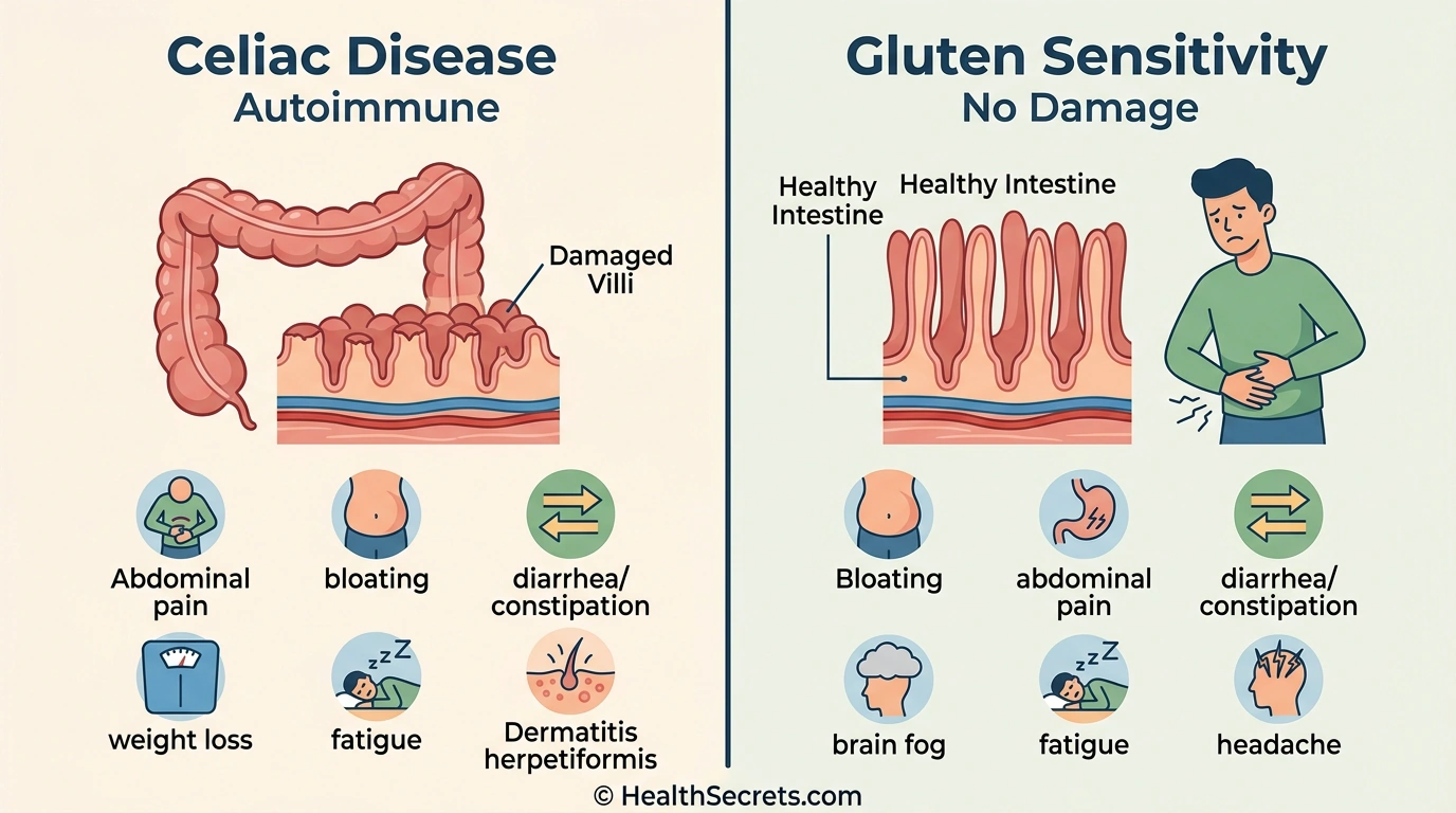 Infographic comparing celiac disease autoimmune intestinal damage with non-celiac gluten sensitivity showing key differences in immune response