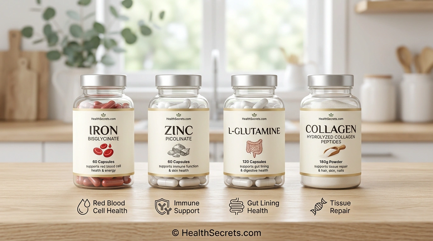 Recommended supplements for celiac disease including iron zinc L-glutamine and collagen peptides with key benefits highlighted