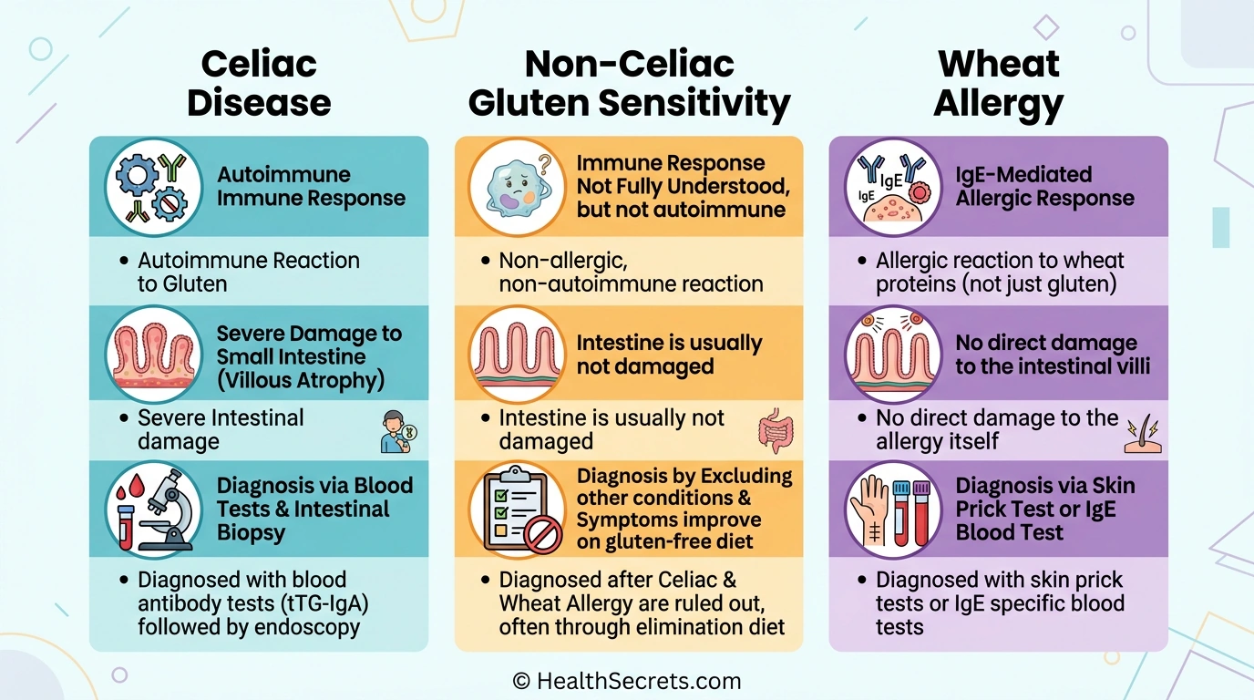 Side-by-side comparison of celiac disease, non-celiac gluten sensitivity, and wheat allergy showing immune mechanisms and diagnostic approaches