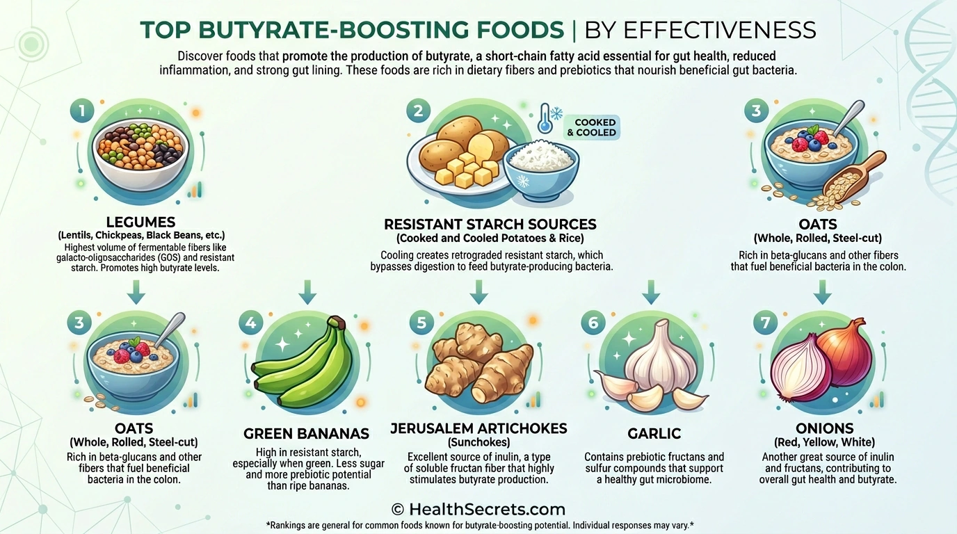Top butyrate-boosting foods including resistant starch sources legumes oats green bananas and allium vegetables