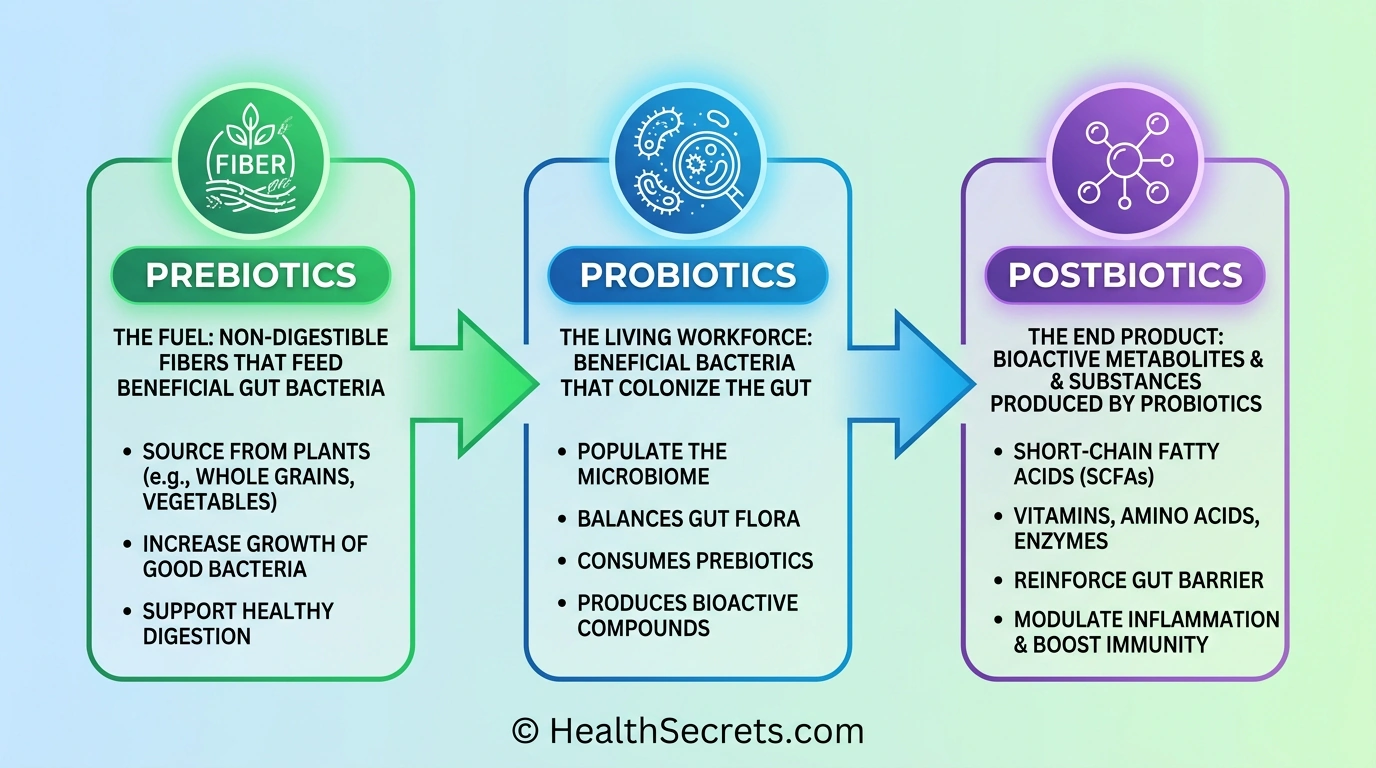 Infographic showing the progression from prebiotics to probiotics to postbiotics in the gut health ecosystem