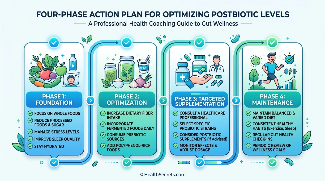Four-phase action plan for optimizing postbiotic levels from dietary foundation to targeted supplementation