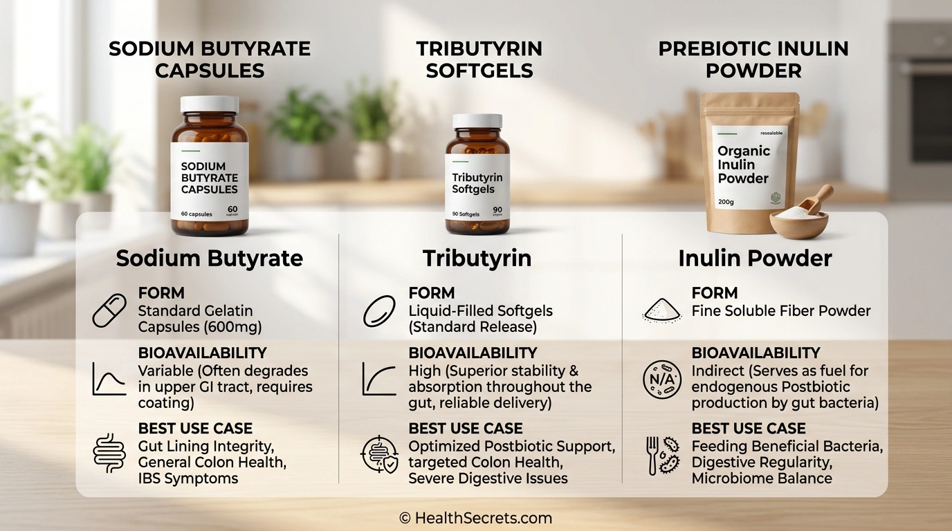 Comparison of three postbiotic supplement types sodium butyrate tributyrin and prebiotic inulin with key features