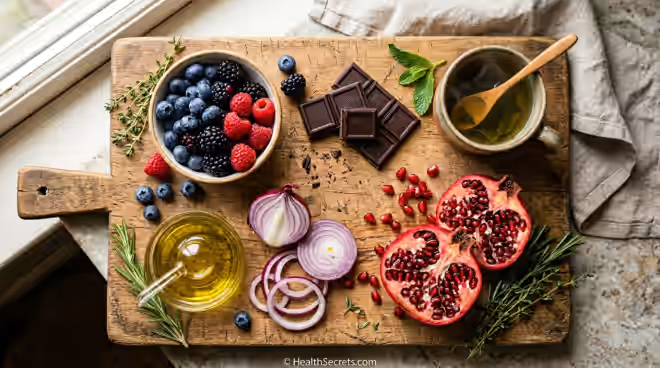 Polyphenol-rich foods for gut health including berries dark chocolate green tea olive oil and herbs arranged on wooden board