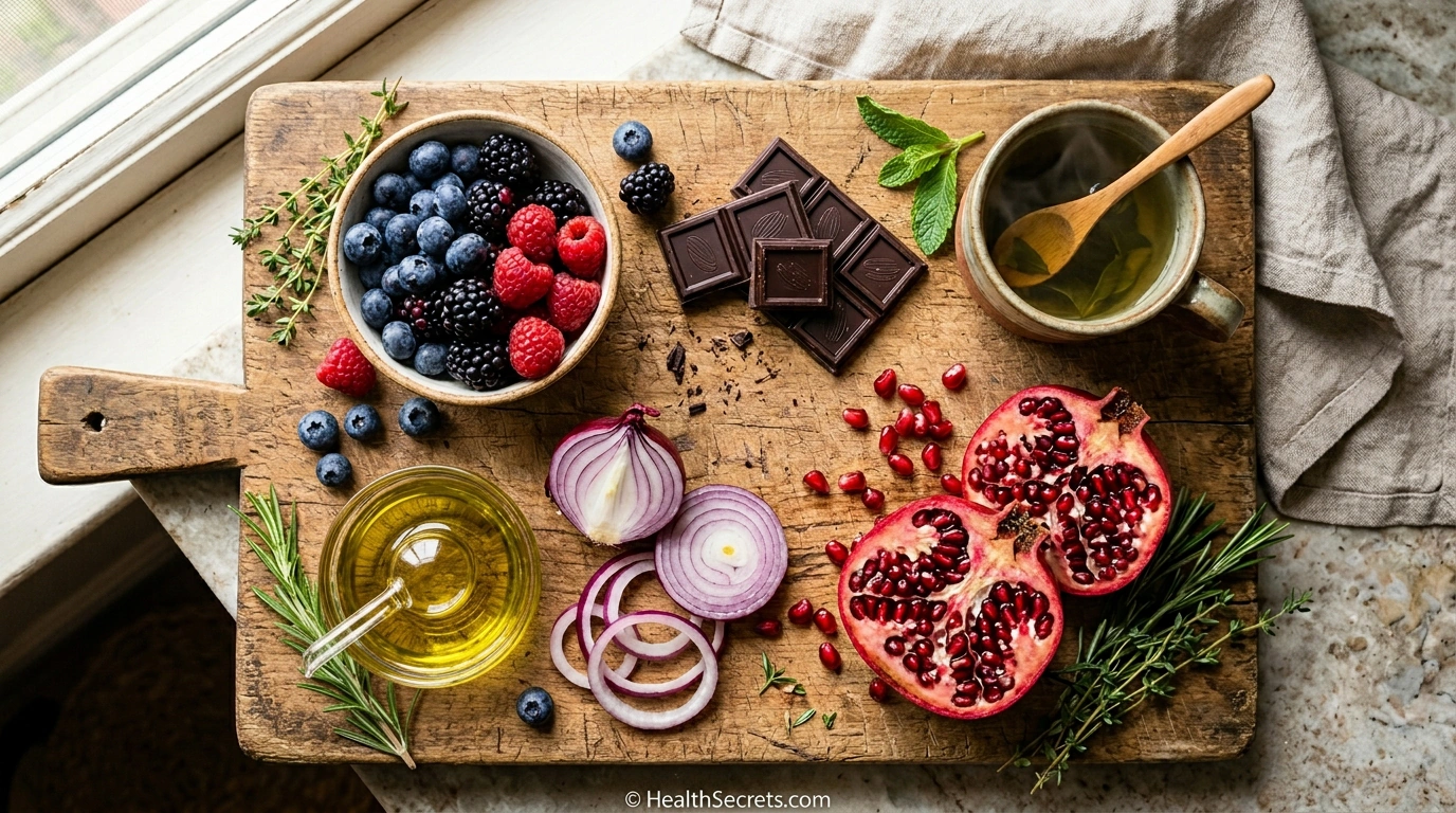Polyphenol-rich foods for gut health including berries dark chocolate green tea olive oil and herbs arranged on wooden board
