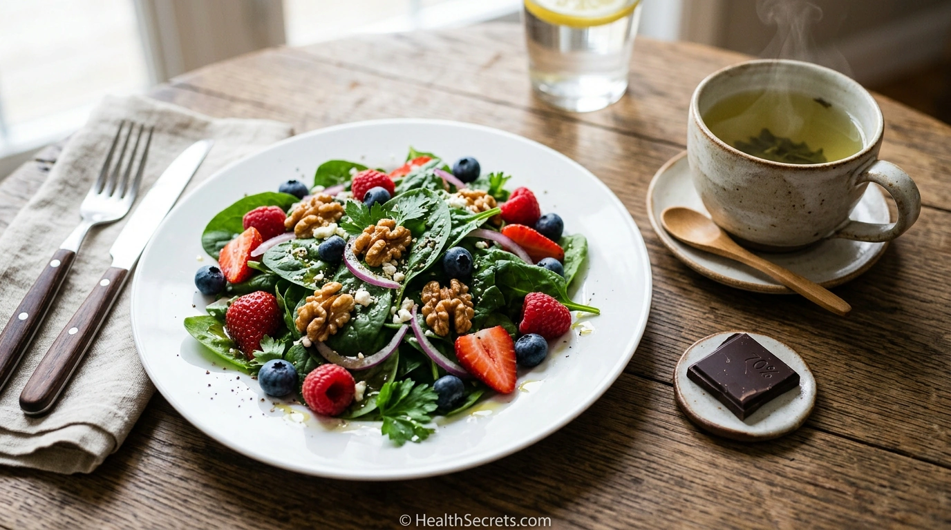 High-polyphenol meal featuring berry spinach salad with walnuts green tea and dark chocolate for gut health