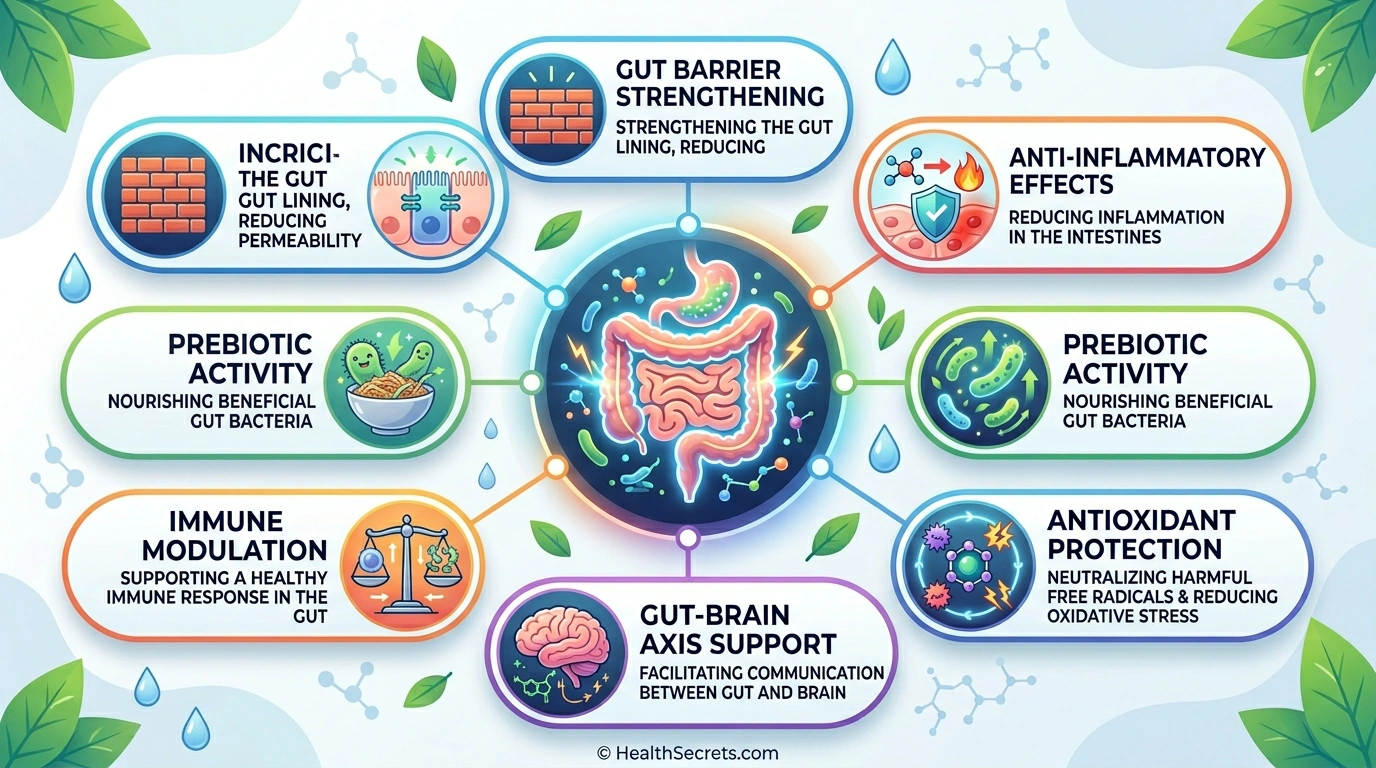 Diagram showing six key benefits of polyphenols for gut health including barrier support anti-inflammatory and prebiotic effects