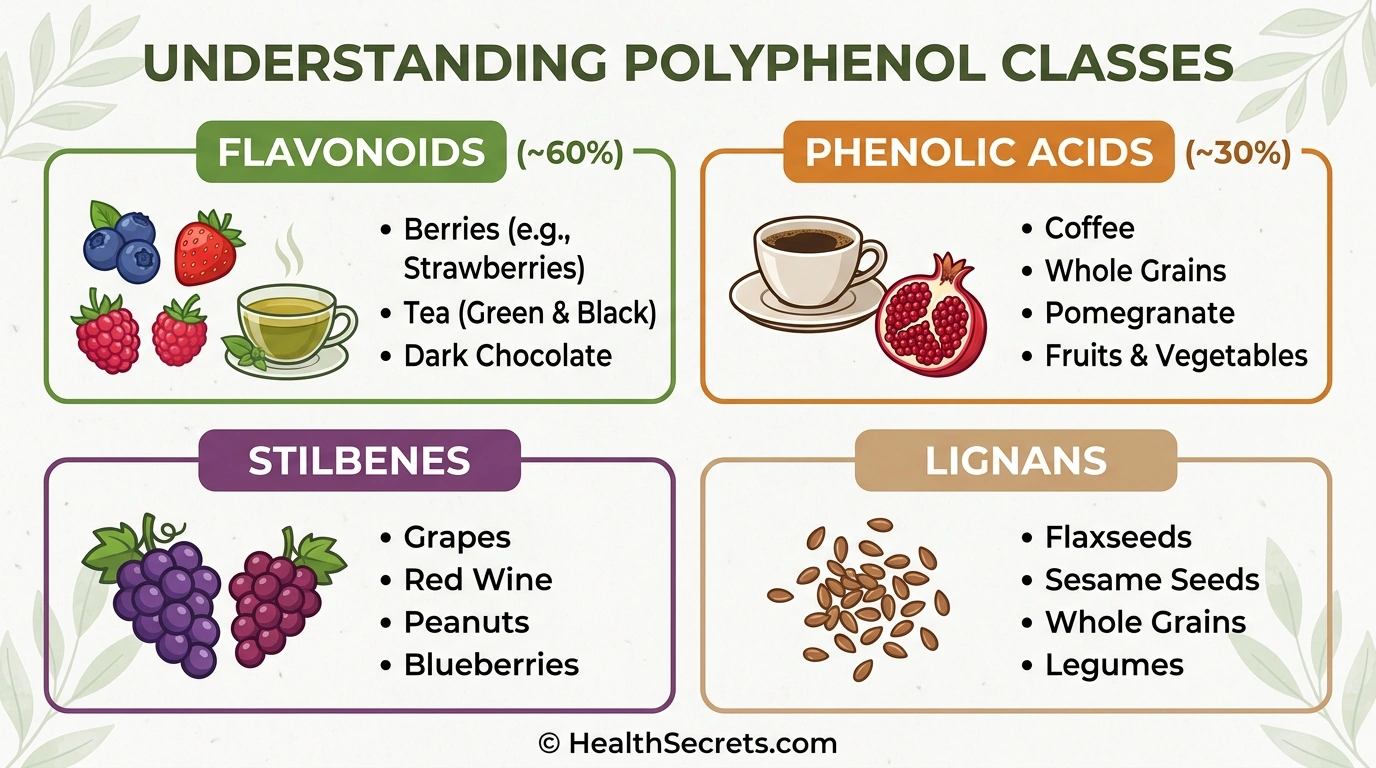 Infographic showing four main polyphenol classes flavonoids phenolic acids stilbenes and lignans with food sources