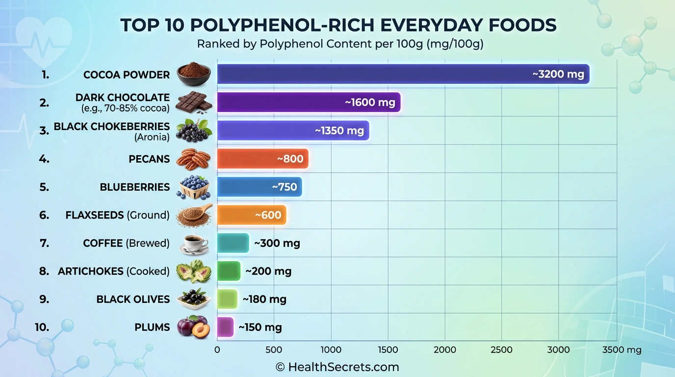 Chart comparing polyphenol content of top food sources including cocoa dark chocolate berries and flaxseeds